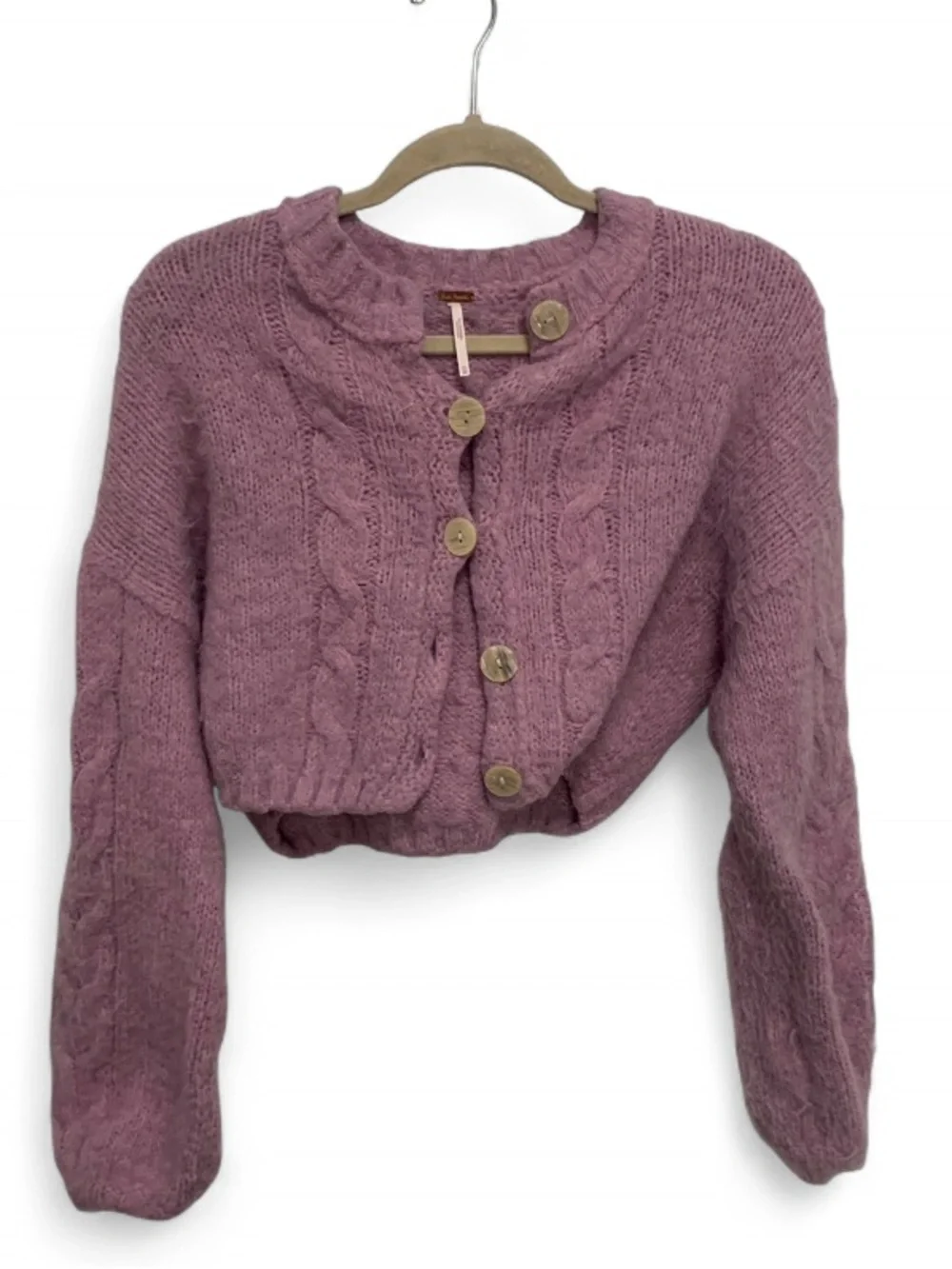 Free People Willow Lavender Cropped Cable-Knit Button Cardigan Sweater